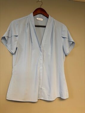 Calvin Klein Pale Blue Draped V-Neck Short Sleeve Blouse